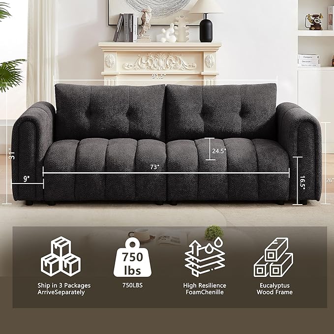 91.5 Modern Bubble Sofa Couch w/Medium Firm Seat Cushion and Deep Seats &amp Chenille Fabric 3 Seater Couch Sofa for Living Room Apartment Lounge Office （Dark Gray