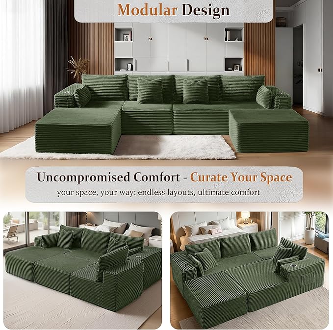 37 Cloud Sectional Couch Ottoman for Living Room Extra Deep Seats No Assembly Minimalist Modular Couch Corduroy (Olive Green Ottoman)