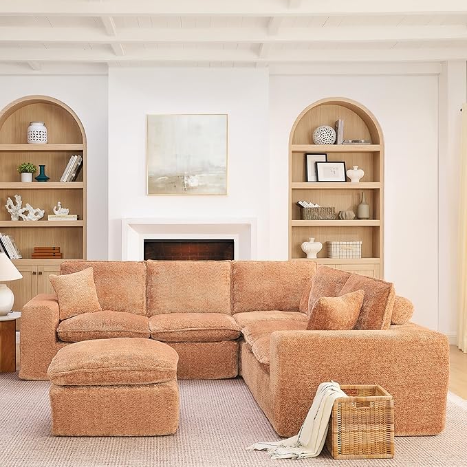 L-Shaped Boneless Modular Sectional Cloud Couches 6 Seat Modular Boucle Floor Foam Boneless Sofa Couch with Ottoman Headrest Pillows and Removable Cushions