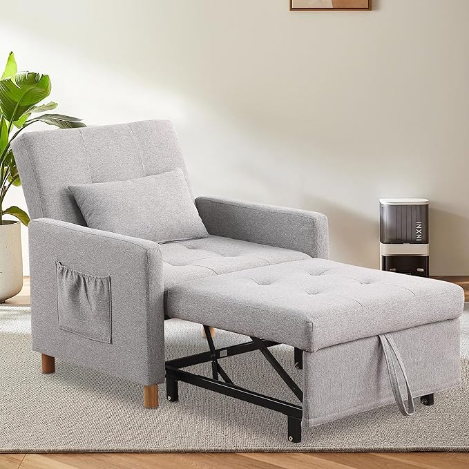 Sleeper Sofa Chair Bed 3-in-1 Single Convertible ChairMulti-Functional Sleeper Chair with Soft Fabric for Living Room Dorm Apartment Bedroom or Office (Grey)
