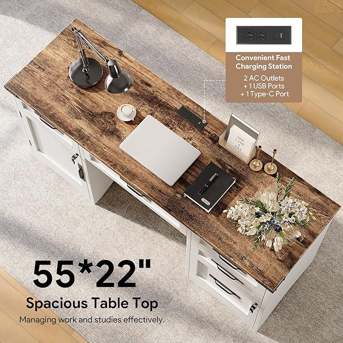 Farmhouse Executive Desk with Drawers 55 Home Office Desks with Fast Charging Station Lockable File Cabinet Wood Writing Computer Desk for Work Study White