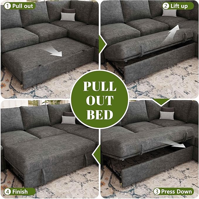 108 Inch Sectional Sleeper Sofa with Pull Out Bed U Shaped 7 Seat Modular Sectional Sofa with Storage Sectional Couches for Living Room Cloud Modular CouchRemovable Sofa Cover Dark Grey