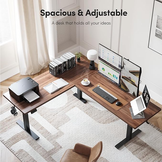 FEZIBO 63 x 55L Shaped Standing Desk Adjustable Height 63 Inch Electric Stand up Corner Computer Desk Sit Stand Home Office Desk with Splice Board Black Frame/Black Walnut Top