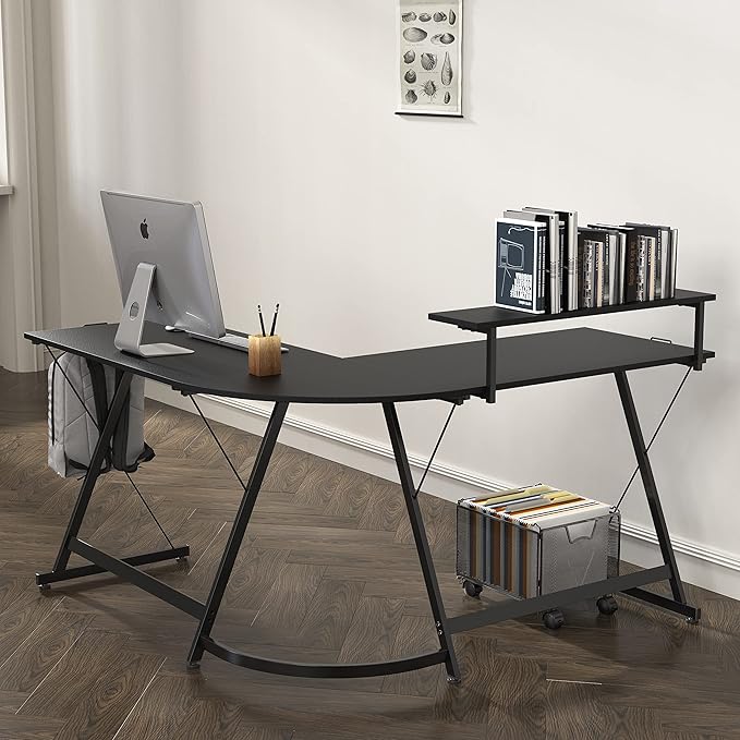 SHW 51 x 51 Inches Vista L-Shaped Desk with Monitor Stand and Drawer Black