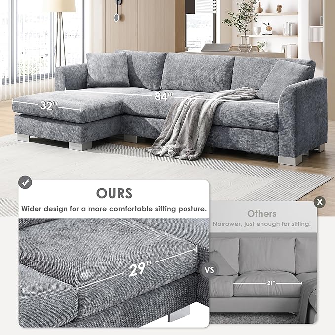 roomfitters 96 * 56 Modern Cloud Sectional Sofa L-Shaped Luxury Couch Set with 2 Pillows 4-Seat Indoor Furniture with Oversized Chaise for Living Room Gray
