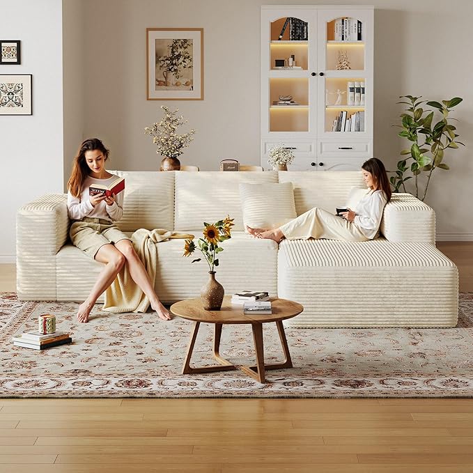 108'' Sectional Boneless Couches for Living RoomCloud Sectional Couch with L-Shape ChaiseModern Corduroy Modular Sofa with Deep SeatNo Assembly Required(Right Facing ChaiseBeige)