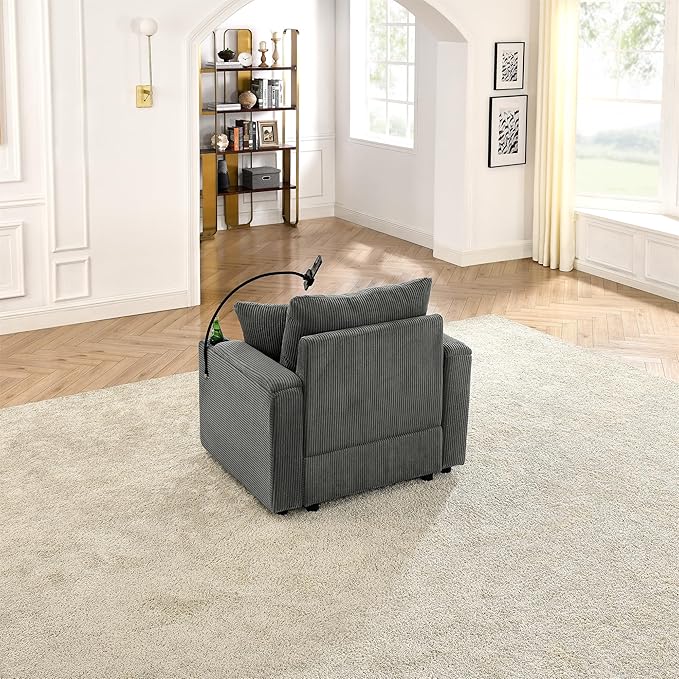 Accent Chair with Storage ArmrestComfy Living Room Chairs with 8'' CushionTwo Cup Holders A Phone Holder for Living RoomGrey