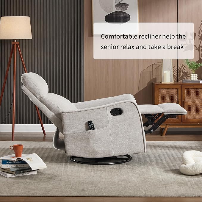 High Back Massage Recliner with Heat - Swivel Rocking Chair for Small Spaces Manual Lazy Boy Recliner for Adults Perfect for Living Room &amp Bedroom Soft Fabric (Light Gray)
