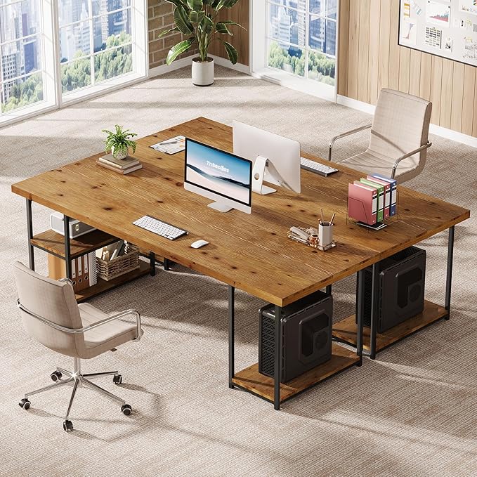 Tribesigns 71-Inch Solid Wood Long Desk with Shelves Industrial Home Office Desk Large Executive Office Computer Table Writing Gaming Workstation for Office Living Room Light Brown &amp Black