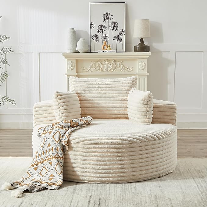 55 White Oversized Round Boneless Couch Sofa Corduroy Memory Foam Cloud Couches Lounge Chair Comfy Fluffy Single Sofa with 3 Pillows for Living Room Bedroom No Assembly Required (White)