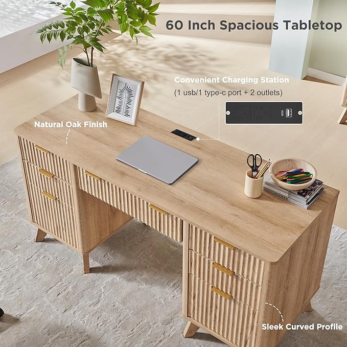 T4TREAM 60'' Fluted Executive Desk with Drawers Modern Home Office Computer Desk with Charging Station Keyboard Tray File Drawer and Storage Cabinet for Study Living Room Bedroom Natural Oak