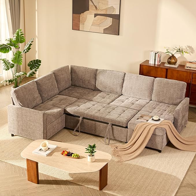 107 Modular Sectional Sleeper Sofa Set of Modular Pieces with Pull Out Bed U Shaped Sectional Couch with Storage Extra Wide&ampDeep Seat Couches for Living Room Removable Sofa Cover Chenille-Sl
