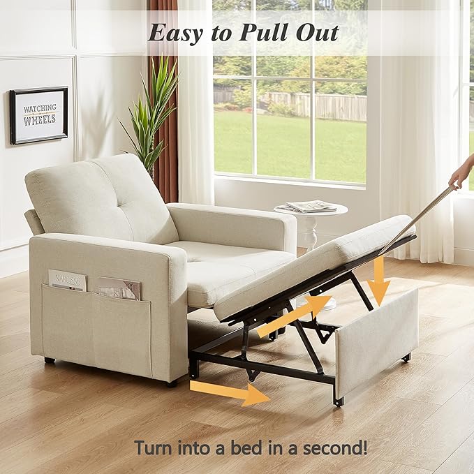 WEUP 42.5 Sleeper Chair Bed 3-in-1 Oversized Convertible Sleeper Sofa Chair with Pull Out Bed Reclining Adjustable Backrest/Side Pockets Tool-Free Assembly Basic Beige