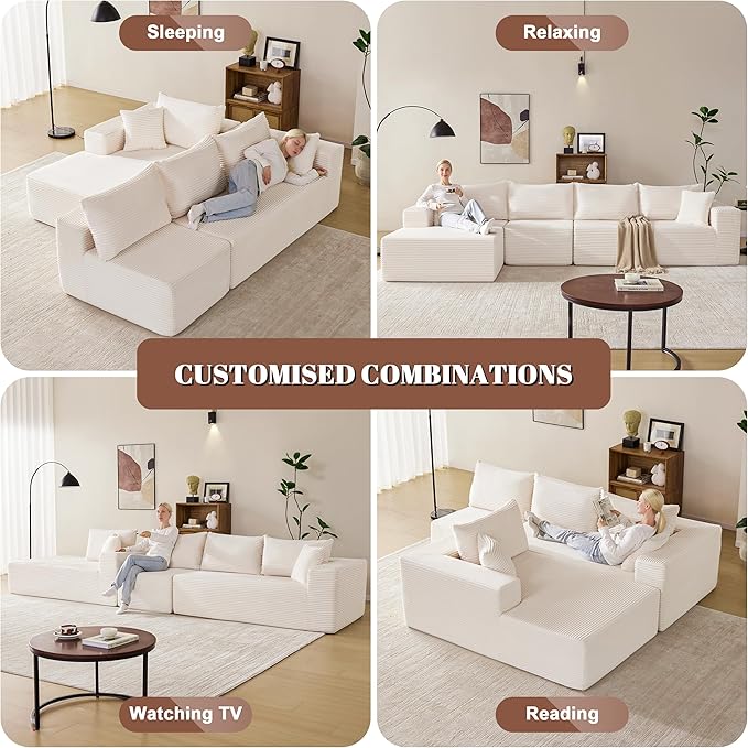 140” Cloud Sectional Couch Modular Sectional Sofa with Deep Seat Boneless Sofa for Living Room Fluffy Comfy L-Shaped Couch with Left Facing Chaise No Assembly Required Beige