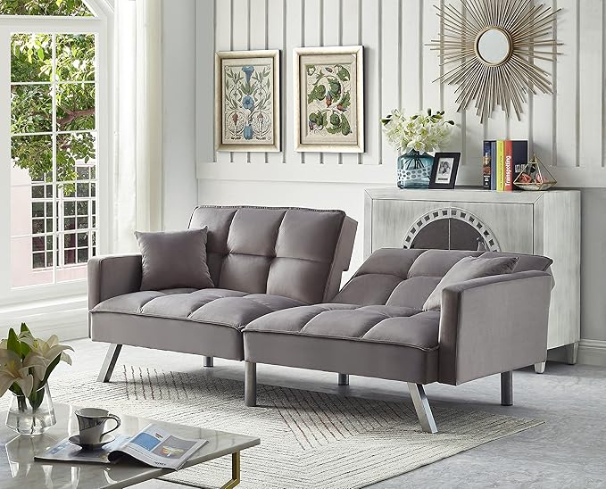 Legend Vansen 80'' Velvet Love seat Convertible Futon Two Pillows Sleeper Couch with 3 Adjustable Backrests Sofa Bed Large Sleeping Area Sofabed Grey