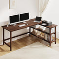IOTXY Reversible L-Shaped Office Desk - 63 Extra Large Corner Computer Table with Storage Shelves Solid Wood Legs Home Writing &amp Study Workstation Walnut