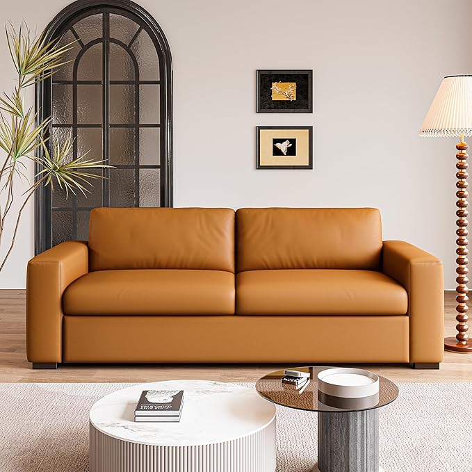 82.7 Inch Retro Orange Leather Couch Loveseat with Square Arm Mid Century Modern Comfy Compact 3-Seat Upholstered Sectional Sofa for Living Room Office and Small Space