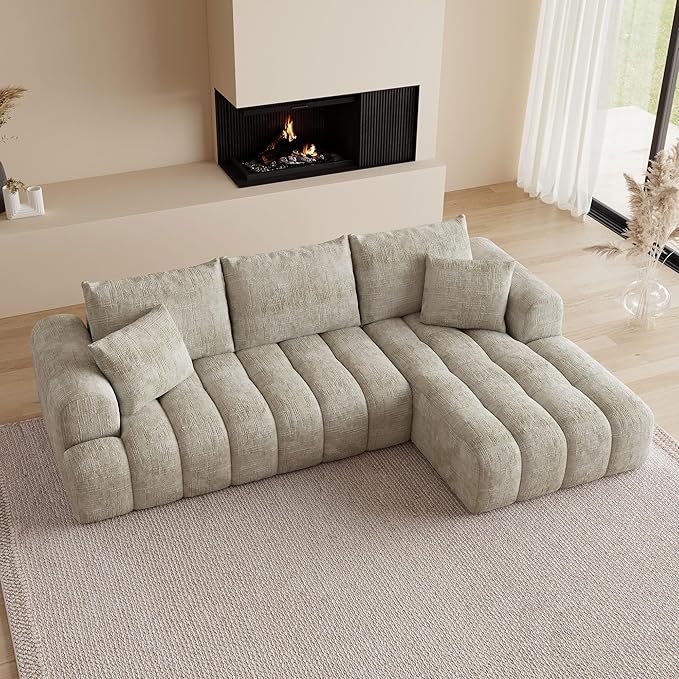 108 Cloud Sectional Couches for Living Room Boneless L-Shaped Sofa with Pillow 3 Seater Modular Sectional Sofa (Khaki)