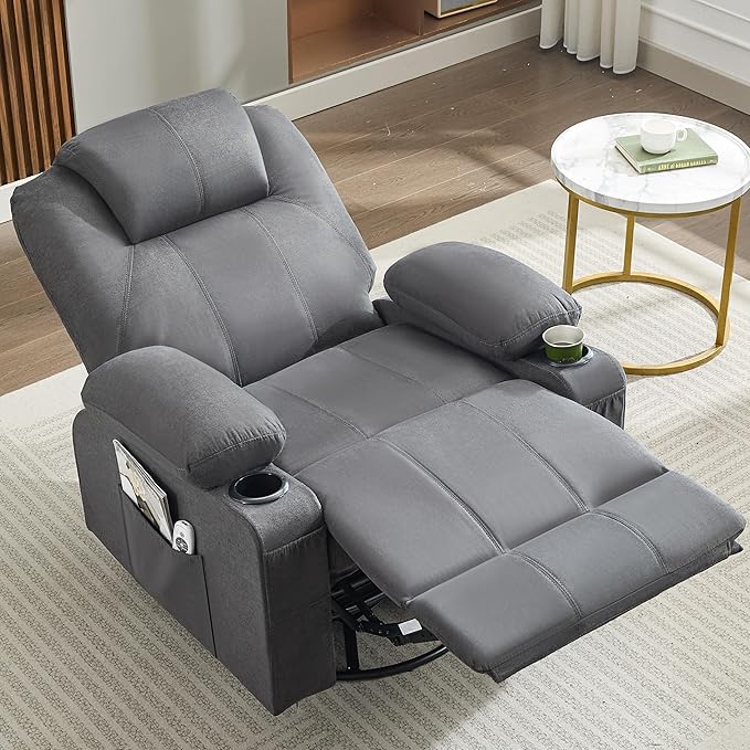 Oversized Swivel Rocker Recliner Chair with Heat and Massage Big Large Recliner Chair for Living Room 360 Degree Swivel Rocking Single Sofa with Cup Holders and USB Port (Fabric Darkgrey)