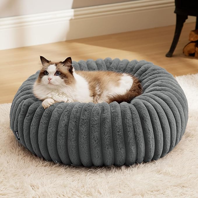 Bedsure ComfyFleece™ Cat beds for Indoor Cats - Donut Dog Beds for Small Dogs with Corduroy Fleece &amp Anti Slip Bottom Faux Fur Pet Beds with Washable Removable Cover Warm Grey 20x20x6 inches