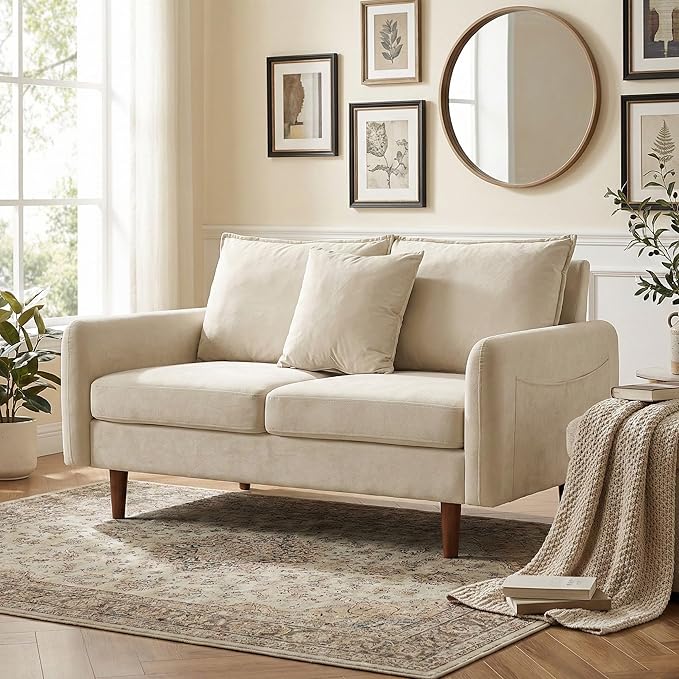 56.1 Round Arm Velvet Loveseat with Side Pockets and a Square Pillow (Beige) | Side Storage Pockets Pillow Included