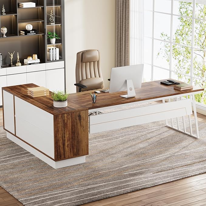 Tribesigns 71-Inch Executive Desk L-Shaped Desk with Cabinet Large Office Desk with Drawers and Storage Shelves Writing Table Computer Desk for Home Office Brown and White
