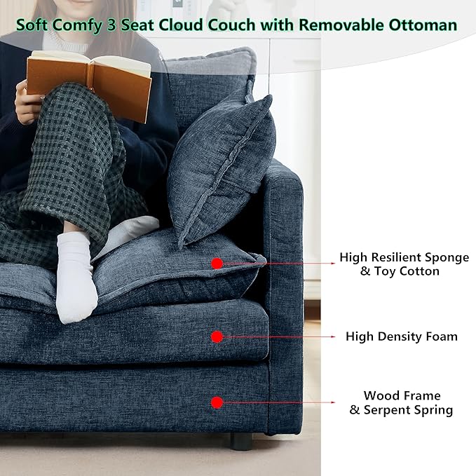 102 L-Shaped Sofa for Living RoomModular Sectional Cloud Sofa Couch with OttomanModern Chenille 3 Seater Sofas with Deep SeatSmall L Shaped Couches for Bedroom (Blue 102)