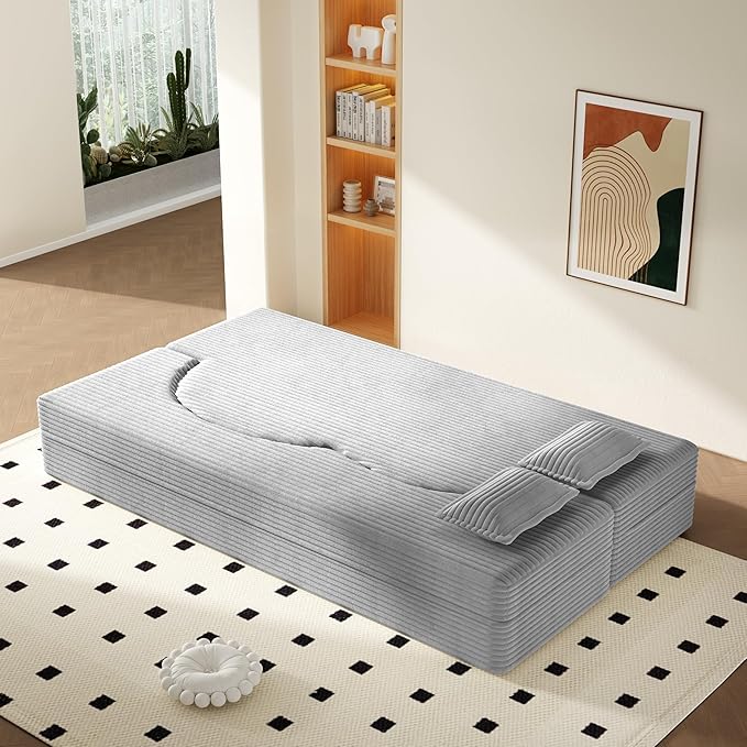 2 in 1 Convertible Compressed Sofa Bed 54'' Modern Boneless Loveseat Sleeper in a Box Floor Mattress Futon Couch No Assembly Needed Space Saving Light Grey Full 2 Pillows for Living Room