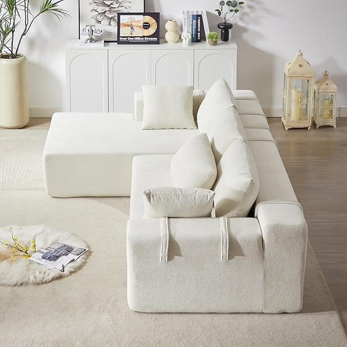 Yoglad Modern L-Shape Modular Upholstered Sofa with Versatile Configuration Comfortable Deep Seat and 6 Pillows for Living Room or Office (Face The Left Chenille Lvory Sofa)