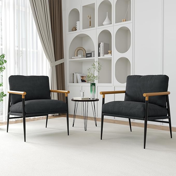 UIXE Metal Armchair Chenille Accent Chair for Living Room Modern Reading Arm Chair with Thicken Cushion - Black Set of 2