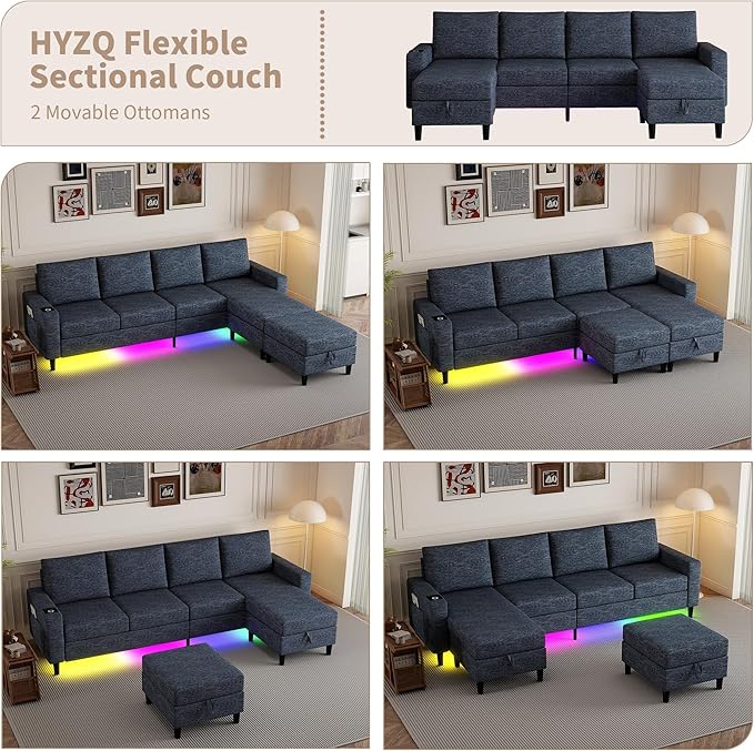 Sectional Couches for Living Room 4 Seat Sectional Sofa with Smart Module-Wireless Charging/USB/Type-C/RGB Light U Shaped Couch with Reversible Chaise Lounge/Storage Ottoman (Blue)