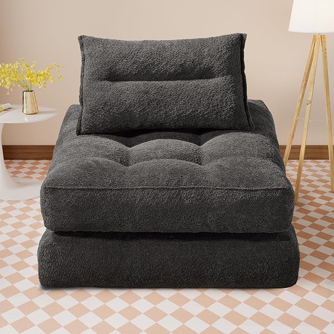 Folding Sofa Bed Fold Out Chair Bed with Pillow Convertible Sleeper Chair for Living Room/Small Spaces Foldable Lazy Sofa Bed Floor Chair Comfy Teddy Velvet Couch Bed Dark Grey