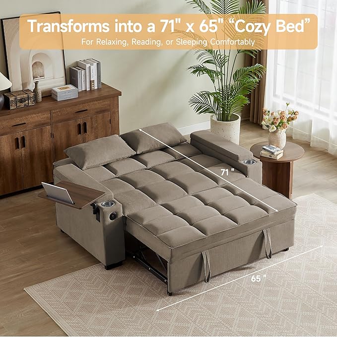 66 Multi-Functional Pull-Out Sofa Bed with Hidden Side Table Storage Armrests Built-in Charging Port Spring Mattress Solid Wood Frame – Ideal for Small Spaces Easy Assembly