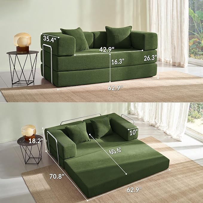 YINIX Foldable Sofa Bed 62'' Folding Floor Couch Compressed Convertable Sleeper Sofa Memory Foam Couch with Pillow Back Support Armrest 4-in-1 Futon Sofa Bed for Living Room Green