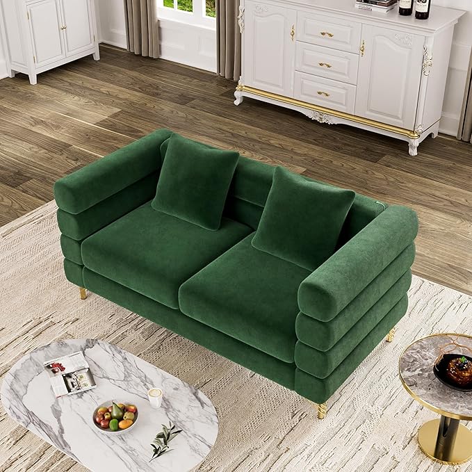 OUYESSIR Cloud Sofa Couch for Living Room 59 Comfy Deep Seat Velvet Loveseat Sofa with 2 Pillows and Gold Legs Modern Upholstered 2 Seater Love Seat for Bedroom Office Emerald Green Velvet