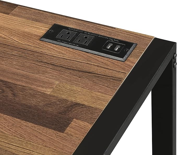 HOMES: Inside + Out Siggers Industrial 1-Drawer Metal USB Port 51 in. Desk for Study Room Home Office Living Room Sand Black and Natural Brown