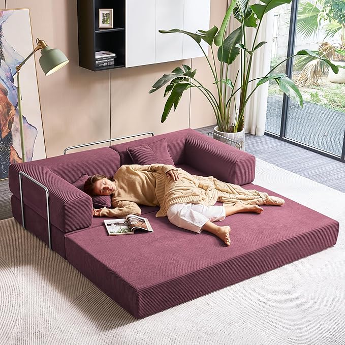 Compression Sofa - 78''Convertible Floor Sofa Bed - with Pillow Back Support Armrest - Comfy Foldable Sofa Bed Compressed Sofa in Box - Corduroy Fabric - for Living Room Bedroom - Burgundy