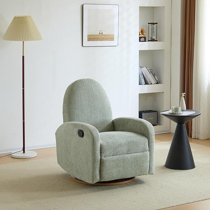 GDFStudio Swivel Glider Recliner Chair Nursery Rocker Recliner Chair with Boucle Upholstered High Back Single Seat Sofa Chair with Deep Seat Manual Nursing Reclining for Living Room Light Green