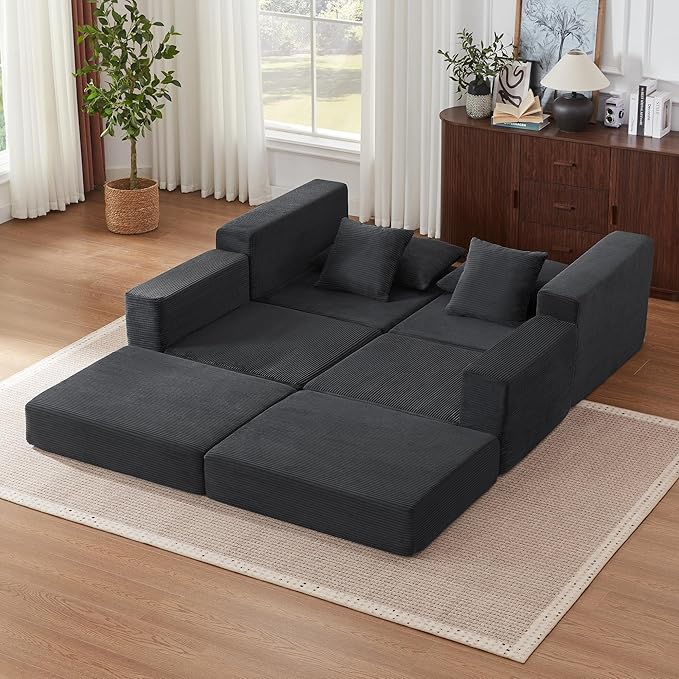 Modular Sectional Sofa with Convertible Sleeper Corduroy Fabric 2-in-1 Couch Bed with Reversible Chaise Adjustable Modular Sofas for Living Room Gray