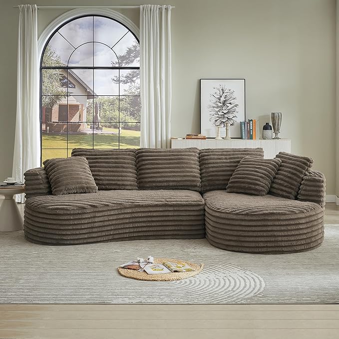 121 Oversized Curved Couch Boneless Couches Sofa with Chaise Deep Seat L-Shape Sectional Sofa for Living Room No Assembly Required (Dark Brown Right Facing Chaise)