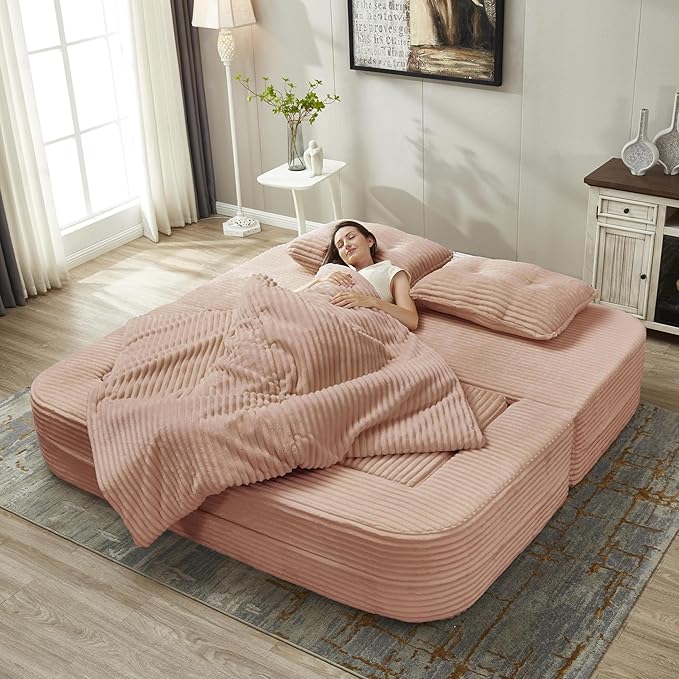 80 Sectional Queen Sleeper Sofa Bed with Independent Chaise Lounge Convertible King Size Sofa Bed with Multi Functional Blanket Corduroy Deep Seat Fluffy Foam Folding Loveseat Couch Pink