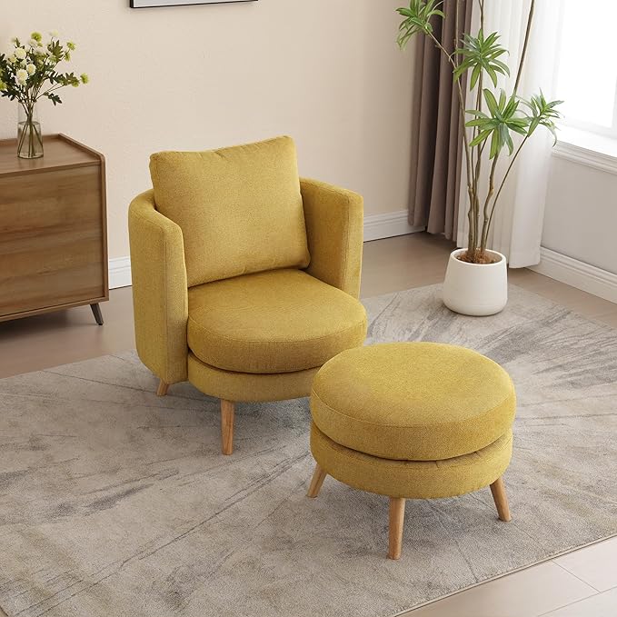 30.7 Wide Accent Chair with Ottoman Armchair Upholstered Reading Chair Single Sofa with Wooden Leg and Throw Pillow for Living Room Bedroom Dorm Room Office Mustard Polyester Blend