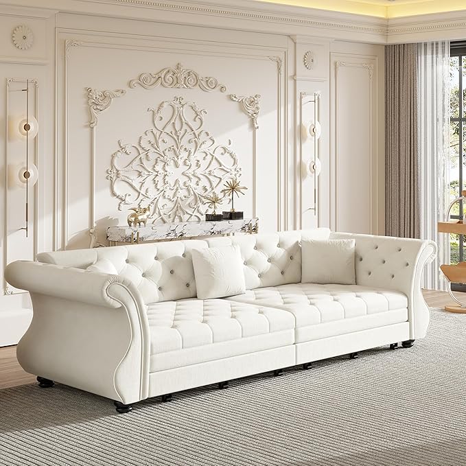 97.6'' King Size Pull Out Sofa Bed Velvet 3-in-1 Convertible Sleeper Sofa Bed Chesterfield Rolled Arm Flower Tufted Oversized Deep Seat Loveseat Sofa for Living Room Apartment Beige | Breathable