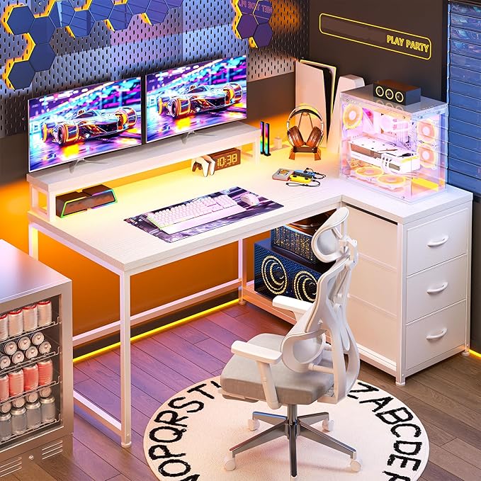 EnHomee L Shaped Gaming Desk with 3 Drawers &amp Power Outlet 40Inch White Computer Desk with LED Lights Reversible Office Desk with Monitor Stand for GamingStudy RoomHome OfficeBedroomWhite