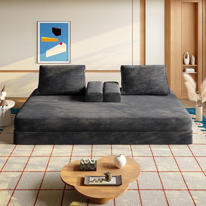 86.6 Queen Floor Sleeper Sofa Bed | Convertible Foam Folding Mattress Couch | King Size Futon Couch Bed for Adjustable Backrests | Sleeper Lounge Chair for Living Room Playroom Apartment Dark Grey