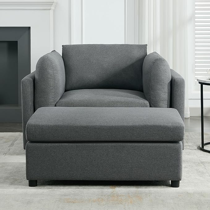 Modern Chenille Oversized Armchair with Ottoman 50.4 Wide Accent Chair Luxurious Linen Fabric Single Sofa Chair with Pillows and Wide Armrests Living Room Apartment Offices (Dark Grey-50.4'')