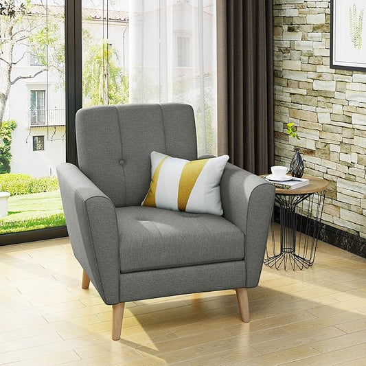 Christopher Knight Home Azjzi Mid-Century Club Chair Button Tufted Back Upholstered Fabric Accent Chair with Rubberwood Legs Living Room Armchair 33.5 High Gray