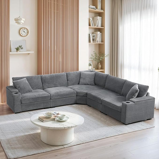 106 Convertible L Shaped Sectional SofaCorduroy Corner Couch with Armrest StorageCup HoldersUSB ChargerIrregular Corner Oversized Comfy Modular Sofa for Living RoomApartment (Gray-ZC18)