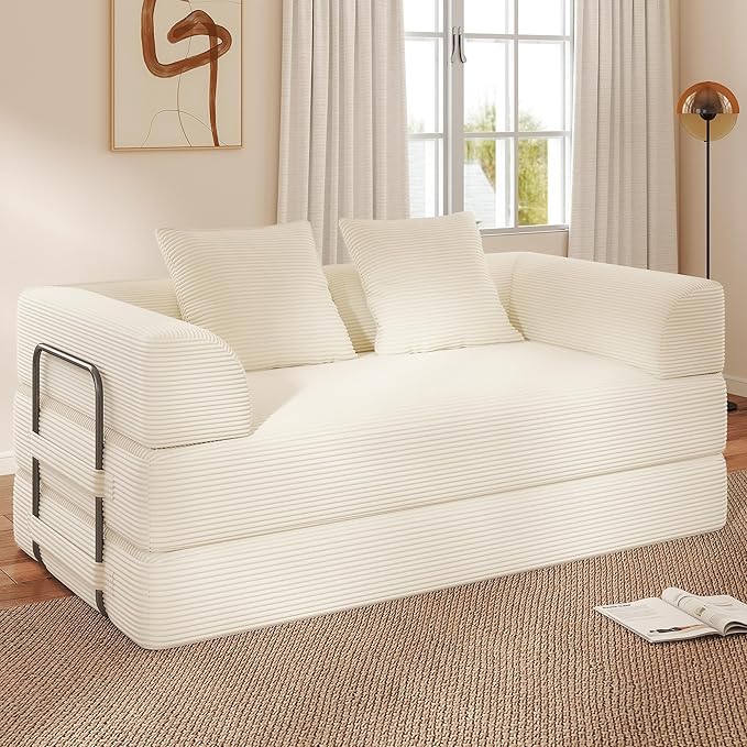 Cloud Boneless Convertible Floor Sofa Bed 70 4-in-1 Foldable Compressed Loveseat Lounge Sleeper 2 Seater Couches High-Density Sponge &amp Corduroy Fabric Futon Daybed for Living Room Bedroom(Beige