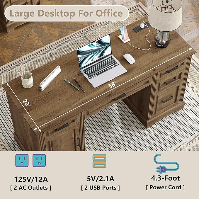 Furniouse 58 Executive Desk Farmhouse Computer Desk with Drawers and Cabinet with Charging Station Wooden Home Office Desk Workspace for Work &amp Writing Brown